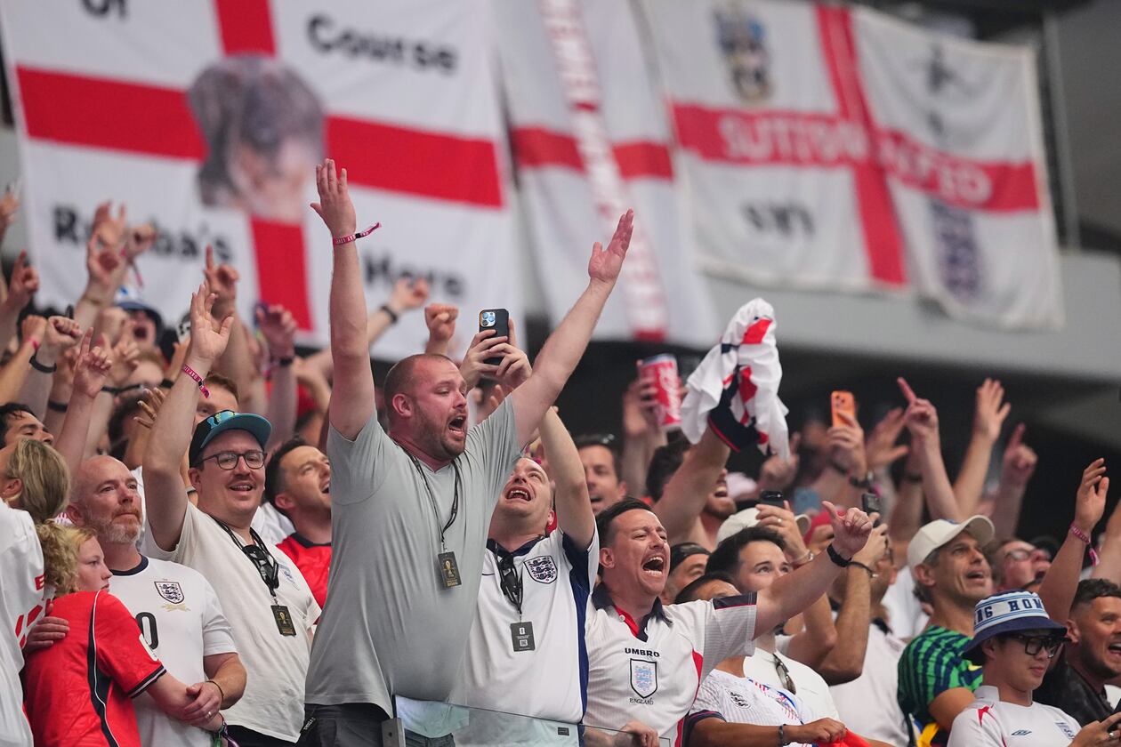 England fans celebrate after the World Cup Group L soccer match between England and Croatia in Arlington, Texas, near Dallas on Wednesday, June 17, 2026. (Julio Cortez/AP)
