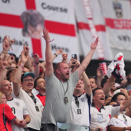 England fans celebrate after the World Cup Group L soccer match between England and Croatia in Arlington, Texas, near Dallas on Wednesday, June 17, 2026. (Julio Cortez/AP)