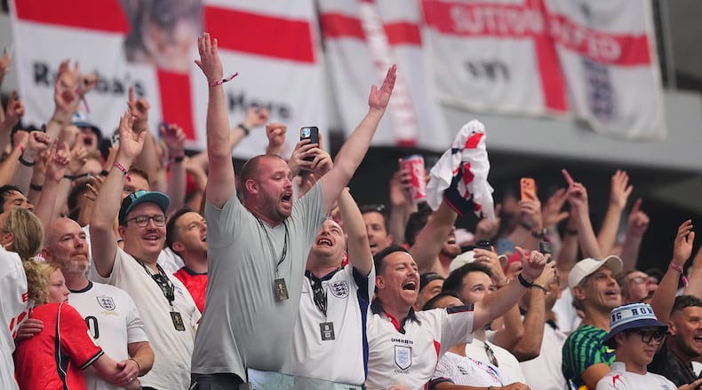 England fans celebrate after the World Cup Group L soccer match between England and Croatia in Arlington, Texas, near Dallas on Wednesday, June 17, 2026. (Julio Cortez/AP)