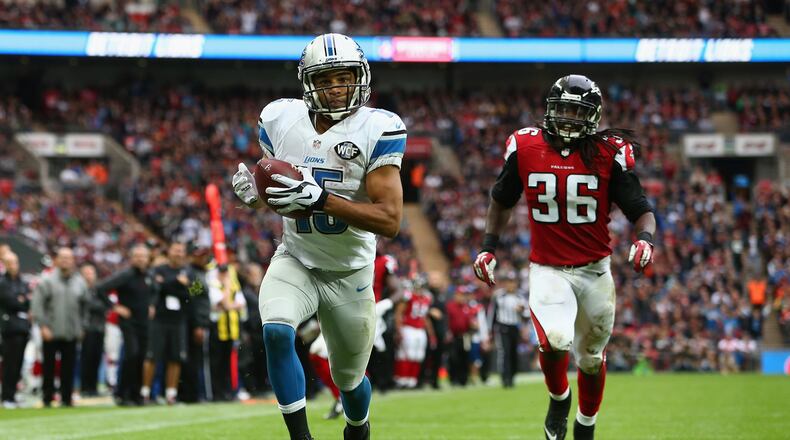 Golden Tate #15 of the Detroit Lions runs through to score a touchdown in the third quarter during the NFL match between Detroit Lions and Atlanta Falcons at Wembley Stadium on October 26, 2014 in London, England. (Photo by Jordan Mansfield/Getty Images)