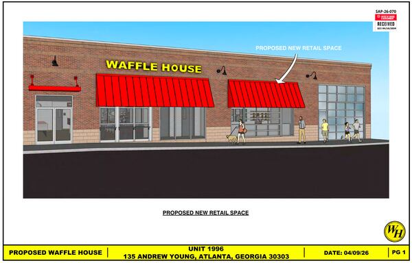 Waffle House has submitted plans in Atlanta to remodel its downtown diner next to Centennial Olympic Park, shown here in this rendering. (Courtesy of Waffle House/City of Atlanta)