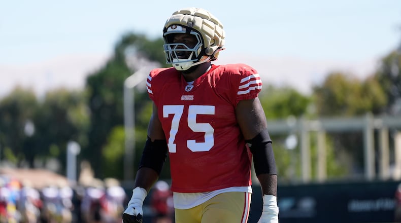 San Francisco 49ers offensive lineman Brandon Parker (75) during NFL football training camp in Santa Clara, Calif., Wednesday, July 31, 2024. (AP Photo/Jeff Chiu)