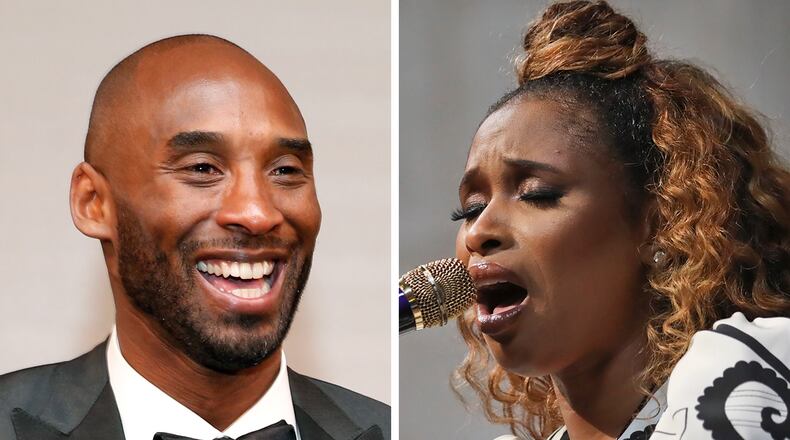 At left, in a March 4, 2018, file photo, Kobe Bryant attends the Governors Ball after the Oscars in Los Angeles. At right, in a May 28, 2019, file photo, Jennifer Hudson sings "Amazing Grace" in tribute to Aretha Franklin during the 2019 Pulitzer Prize winners awards luncheon at Columbia University in New York. Jennifer Hudson is coming to the All-Star Game to pay tribute to Kobe Bryant with her voice. (AP Photo/File)