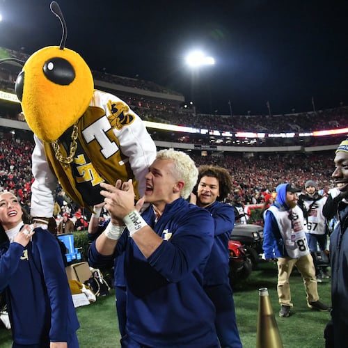 Georgia Tech’s Buzz entertains during the second half in an NCAA football game at Sanford Stadium, Nov. 29, 2024, in Athens. (Hyosub Shin/AJC)