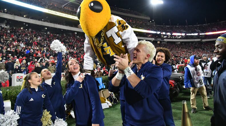 Georgia Tech’s Buzz entertains during the second half in an NCAA football game at Sanford Stadium, Nov. 29, 2024, in Athens. (Hyosub Shin/AJC)