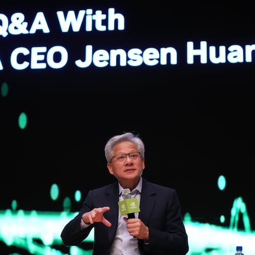 Nvidia CEO Jensen Huang speaks during a press conference at the Asia-Pacific Economic Cooperation (APEC) CEO summit in Gyeongju, South Korea, Friday, Oct. 31, 2025. (AP Photo/Lee Jin-man)