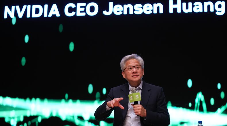 Nvidia CEO Jensen Huang speaks during a press conference at the Asia-Pacific Economic Cooperation (APEC) CEO summit in Gyeongju, South Korea, Friday, Oct. 31, 2025. (AP Photo/Lee Jin-man)