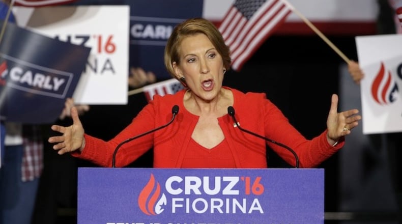 Former Hewlett-Packard CEO Carly Fiorina speaks during a rally for Republican presidential candidate Sen. Ted Cruz, R-Texas, in Indianapolis, Wednesday, April 27, 2016 Cruz chose Fiorina as his running mate. . (AP Photo/Michael Conroy)