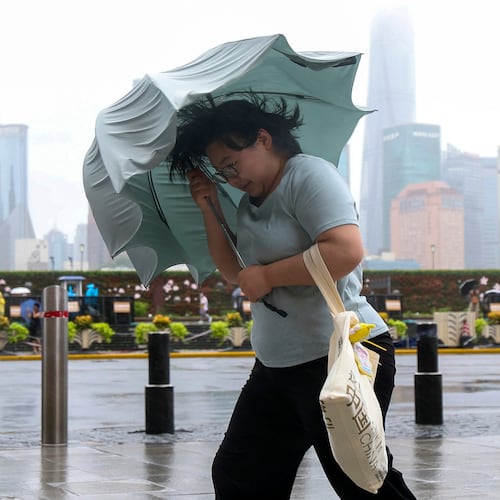 In this photo released by Xinhua News Agency, a woman struggles with her umbrella in strong wind and rain ahead of Typhoon Dolphin at Huangpu District of Shanghai on Sunday, Aug. 9, 2026.(Wang Xiang/Xinhua via AP)