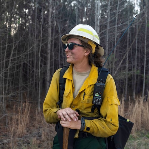 This photo provided by Holly Tuckett shows wildland firefighter Sydney Watson at the North Carolina WRTEX event near Singletary Lake, N.C., on Feb. 27, 2023. (Holly Tuckett via AP)