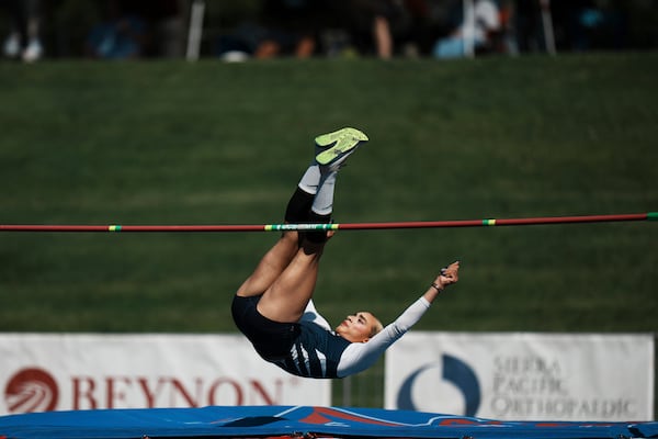 AB Hernandez competes in the high jump at the California high school track-and-field championships in Clovis, Calif., Friday, May 30, 2025. (AP Photo/Jae C. Hong)