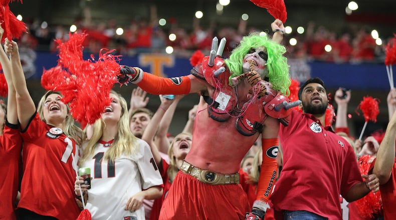 December 2, 2017 Atlanta: Georgia Bulldogs fans rejoice during the second half of the SEC Football Championship at Mercedes-Benz Stadium, December 2, 2017, in Atlanta.  Curtis Compton / ccompton@ajc.com