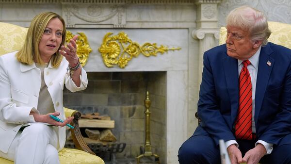 President Donald Trump meets with Italy's Prime Minister Giorgia Meloni in the Oval Office of the White House, Thursday, April 17, 2025, in Washington. (AP Photo/Alex Brandon)