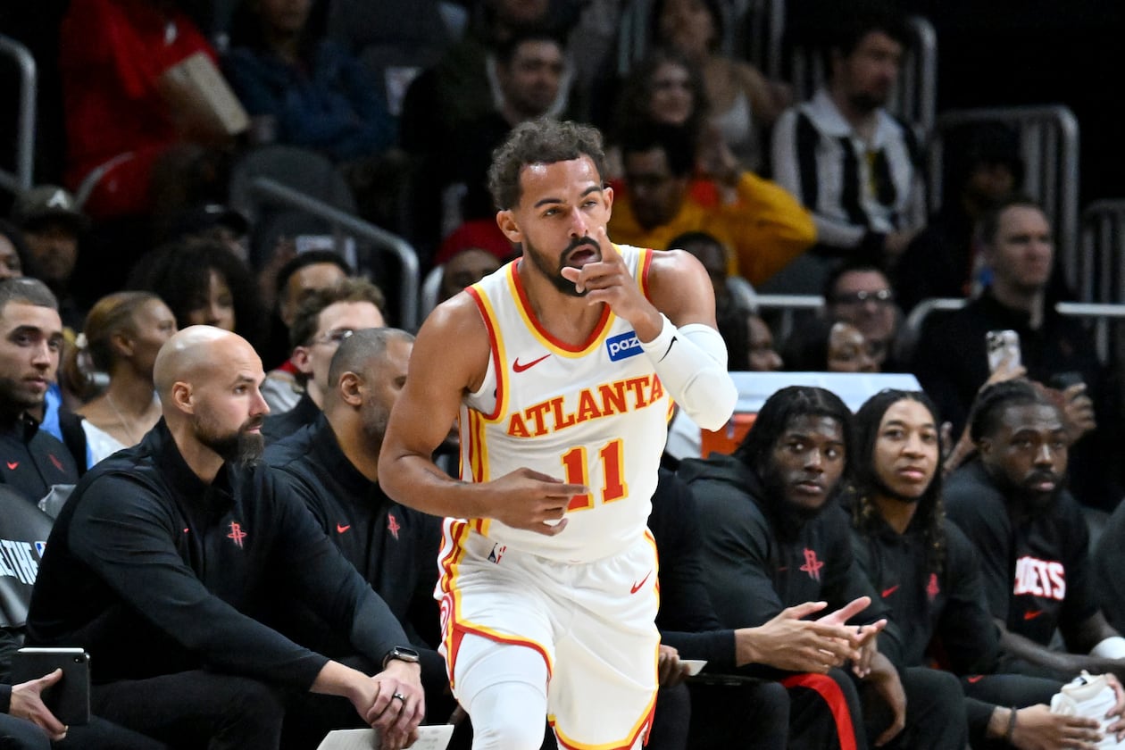 Atlanta Hawks guard Trae Young will miss at least four weeks after an MRi revealed an MCL sprain in his right knee. (Hyosub Shin/AJC)