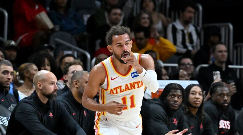 Atlanta Hawks guard Trae Young injured his knee Wednesday and is officially out for the Hawks' first NBA Cup game Friday against the Pacers. (Hyosub Shin/AJC)