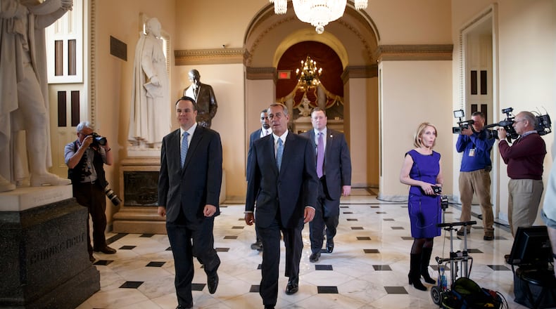 Speaker of the House John Boehner, R-Ohio, walks to the chamber as the House failed to advance a short-term funding measure to keep the Department of Homeland Security funded past a midnight deadline, at the Capitol in Washington, Friday evening, Feb. 27, 2015. Conservatives in Speaker Boehner's own party fought against three-week funding measure because it would not overturn Obamas actions on immigration. (AP/J. Scott Applewhite) Outgoing Speaker of the House John Boehner, R-Ohio. (AP Photo/J. Scott Applewhite)
