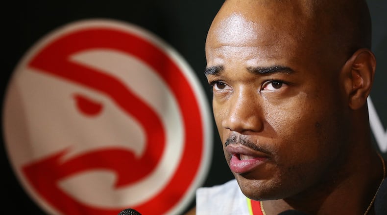 Jarrett Jack takes questions during Hawks media day. Curtis Compton /ccompton@ajc.com