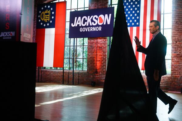 Republican nominee for governor Rick Jackson walks to the stage during his rally in Columbus last week. (Abbey Cutrer/AJC)