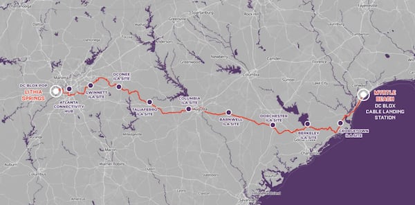 A 450-mile fiber route connects Atlanta to DC Blox’s undersea cable landing station in Myrtle Beach, South Carolina. (Courtesy of DC Blox)