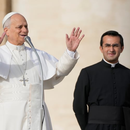 Pope Leo XIV waves to faithful before presiding over special mass for the Jubilee of the poor, in St. Peter's Square at The Vatican, Sunday, Nov.16, 2025. (AP Photo/Gregorio Borgia)