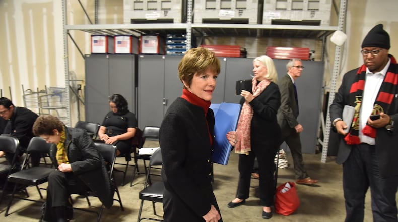 Former mayoral candidate Mary Norwood leaves after observing the recount of the Dec. 5 runoff for Atlanta mayor at the Fulton County Elections Preparation Center on Thursday, December 14, 2017. HYOSUB SHIN / HSHIN@AJC.COM