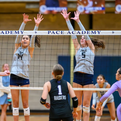 Olivia Siskin (center, on the far side of the net) and Jolie Litvak (right, on the far side of the net) defend a play at the net for Pace Academy, which is 35-7 heading into Thursday's state final against Marist in Cartersville. (Courtesy)