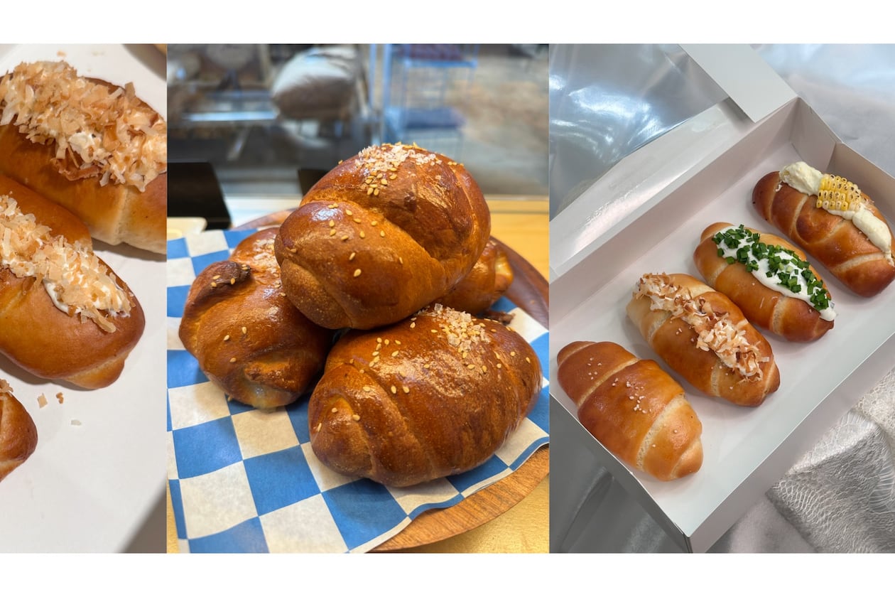 A composite triptych of three photos of salt bread, including toasted coconut salt bread on the left, a stack of several pieces of salt bread in the middle and an assortment of different flavored salt breads on the right