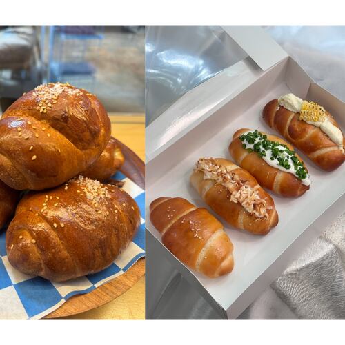 A composite triptych of three photos of salt bread, including toasted coconut salt bread on the left, a stack of several pieces of salt bread in the middle and an assortment of different flavored salt breads on the right