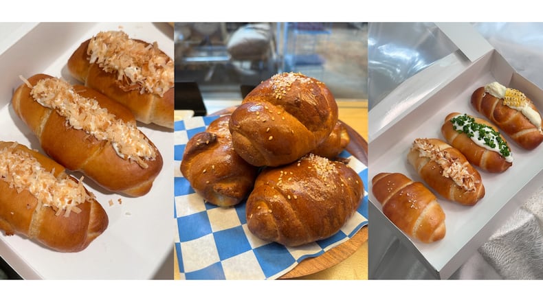 A composite triptych of three photos of salt bread, including toasted coconut salt bread on the left, a stack of several pieces of salt bread in the middle and an assortment of different flavored salt breads on the right