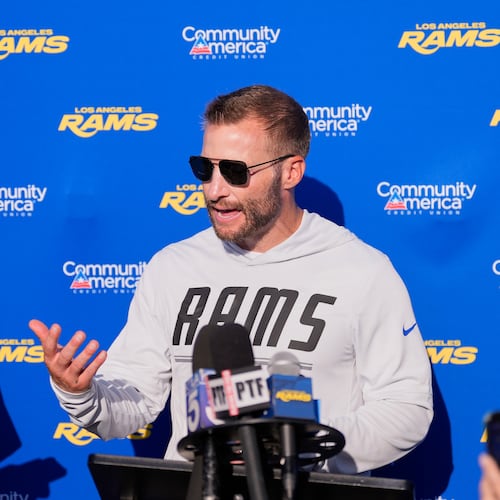 Los Angeles Rams head coach Sean McVay speaks to reporters during the NFL football team's training camp, Thursday, Aug. 6, 2026, in Los Angeles. (AP Photo/Mark J. Terrill)