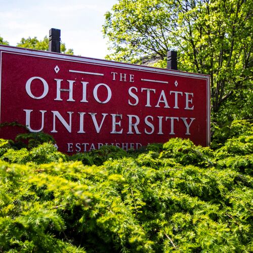 FILE - This photo shows a sign for Ohio State University in Columbus, Ohio, on May 8, 2019. (AP Photo/Angie Wang, File)