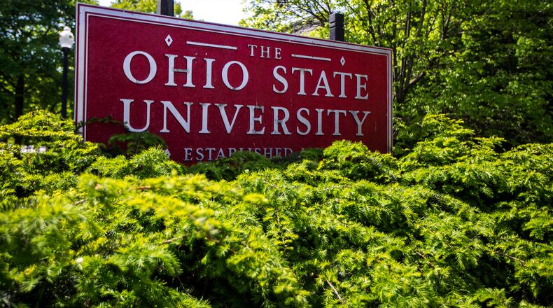 FILE - This photo shows a sign for Ohio State University in Columbus, Ohio, on May 8, 2019. (AP Photo/Angie Wang, File)