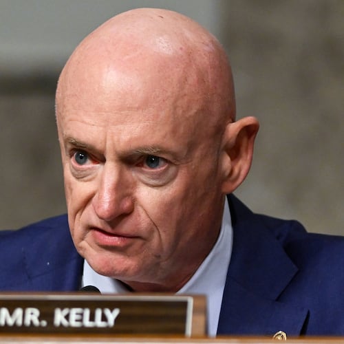 FILE - Sen. Mark Kelly, D-Ariz., speaks during a Senate Intelligence Committee hearing, at the Capitol in Washington, Jan. 15, 2025. (AP Photo/John McDonnell, File)