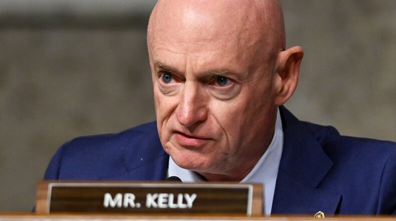 FILE - Sen. Mark Kelly, D-Ariz., speaks during a Senate Intelligence Committee hearing, at the Capitol in Washington, Jan. 15, 2025. (AP Photo/John McDonnell, File)
