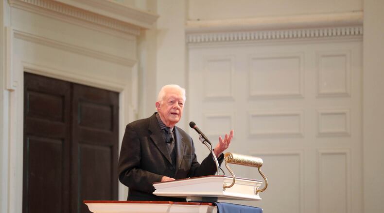 Former President Jimmy Carter delivers his annual lecture in Glenn Memorial Auditorium at Emory University Thursday, April 6, 2016, in Atlanta.