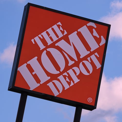 FILE - The Home Depot logo is displayed on a sign outside a store, on Aug. 14, 2025, in Manchester, N.H. (AP Photo/Charles Krupa, File)