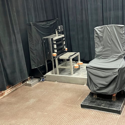 FILE - This photo provided by the South Carolina Department of Corrections shows the state's death chamber in Columbia, S.C., including the electric chair, right, and a firing squad chair, left.  (South Carolina Department of Corrections via AP, File)