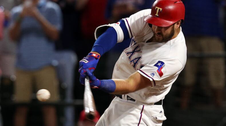 Texas Rangers'Joey Gallo (13) connects for a three-run home run in the ninth inning to beat the Oakland Athletics 5-2 on Friday, May 12, 2017 at Globe Life Park in Arlington, Texas. (Richard W. Rodriguez/Fort Worth Star-Telegram/TNS)