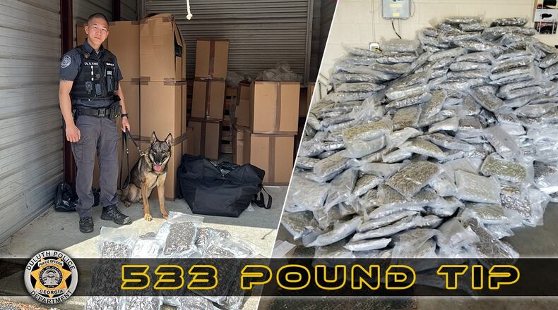 Duluth police seized more than 500 pounds of marijuana from a storage unit in Gwinett County.