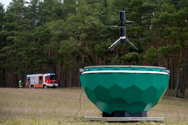 A prototype AI-based drone system with an autonomous Al-based system for early detection of forest fires by Dryad Networks, takes off during the presentation of Silvaguard, in Eberswalde, eastern Germany, Thursday, March 27, 2025. (AP Photo/Ebrahim Noroozi)