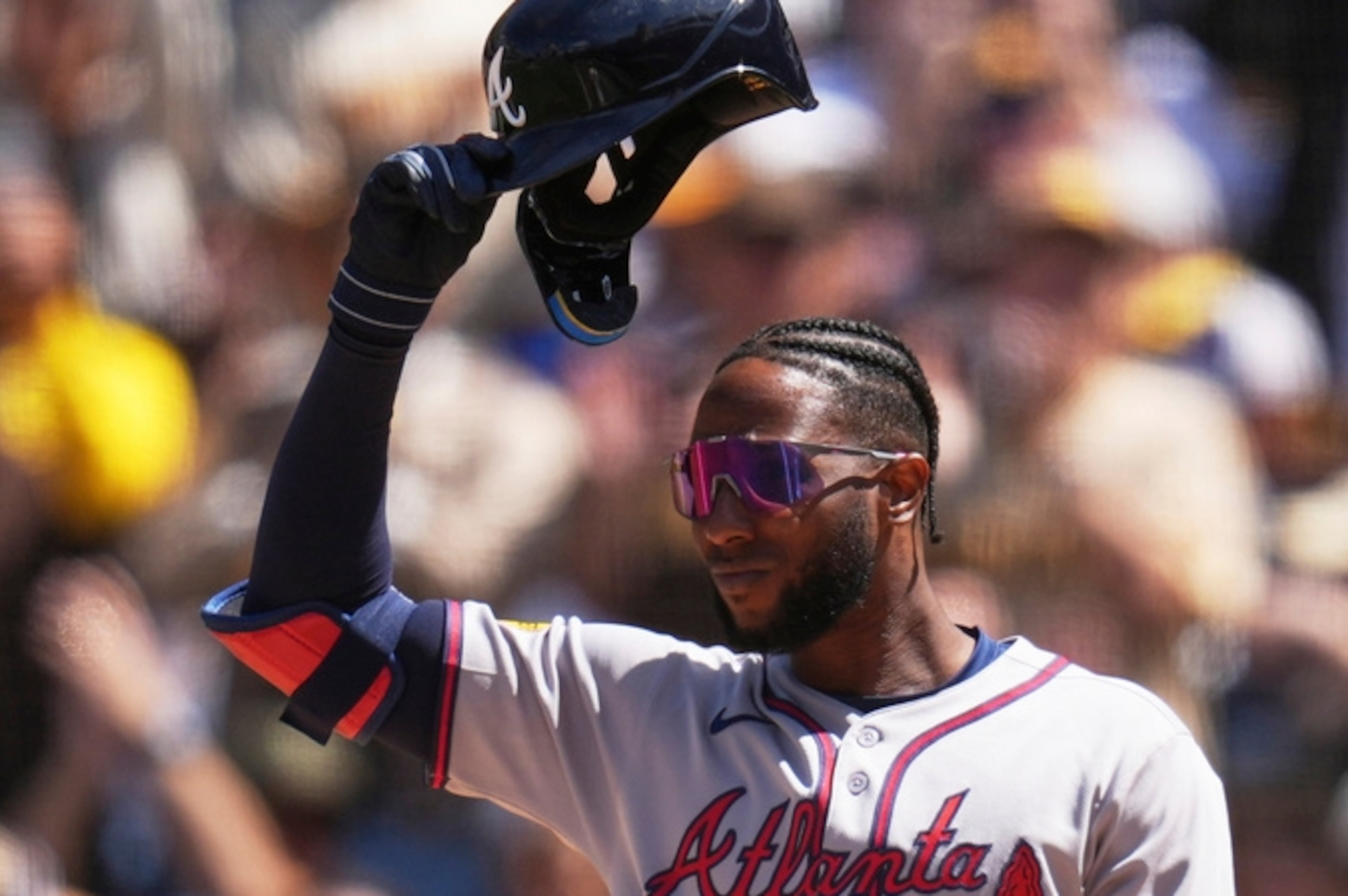 Braves outfielder Jurickson Profar acknowledges the crowd on Opening Day in San Diego. May not be doing a lot of that when he returns to Atlanta.