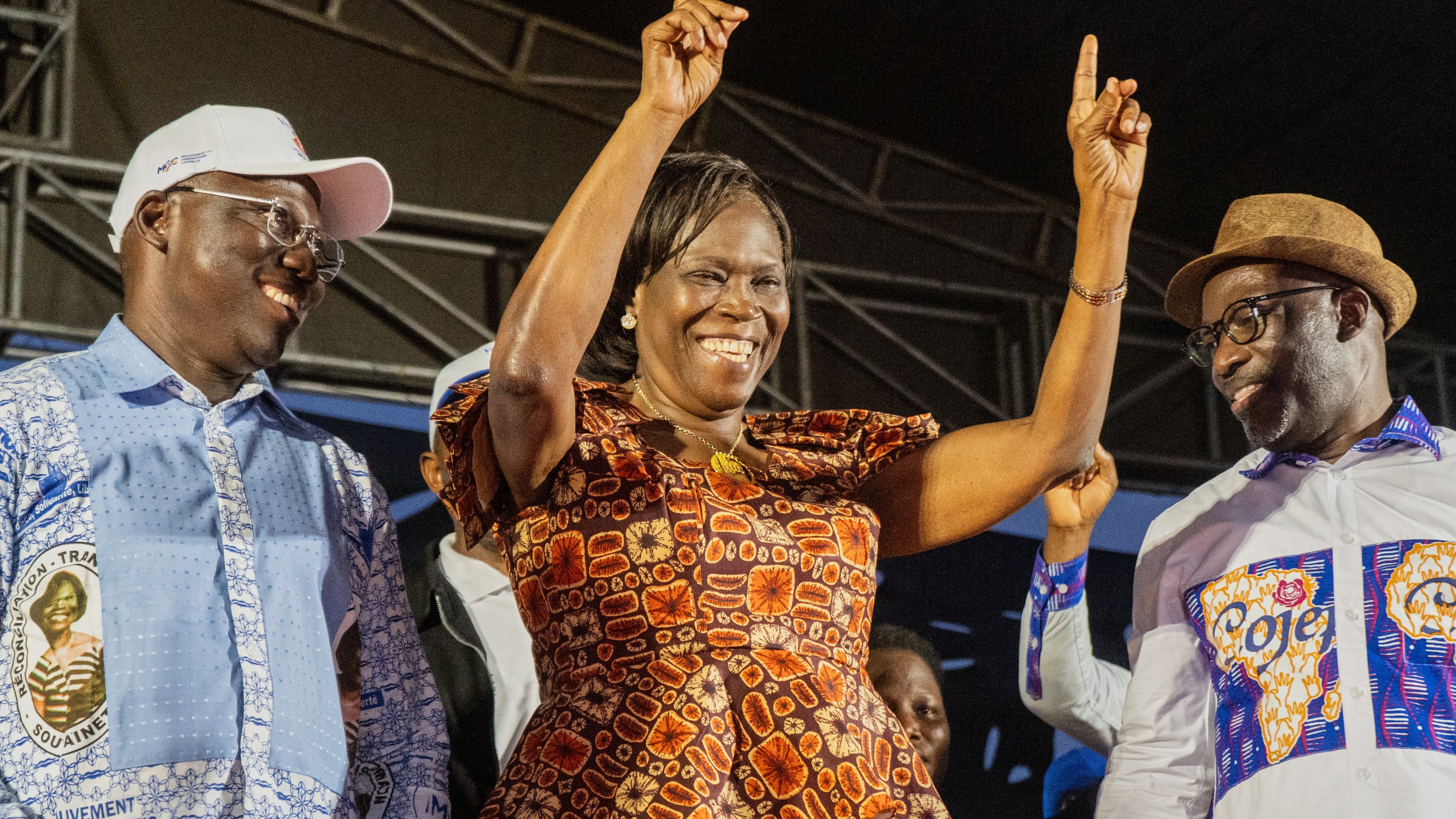 Presidential candidate Simone Ehivet Gbagbo and her team attend a rally in Guiberoua, Ivory Coast, Tuesday, Oct 14, 2025. (AP Photo/ Marine Jeannin)
