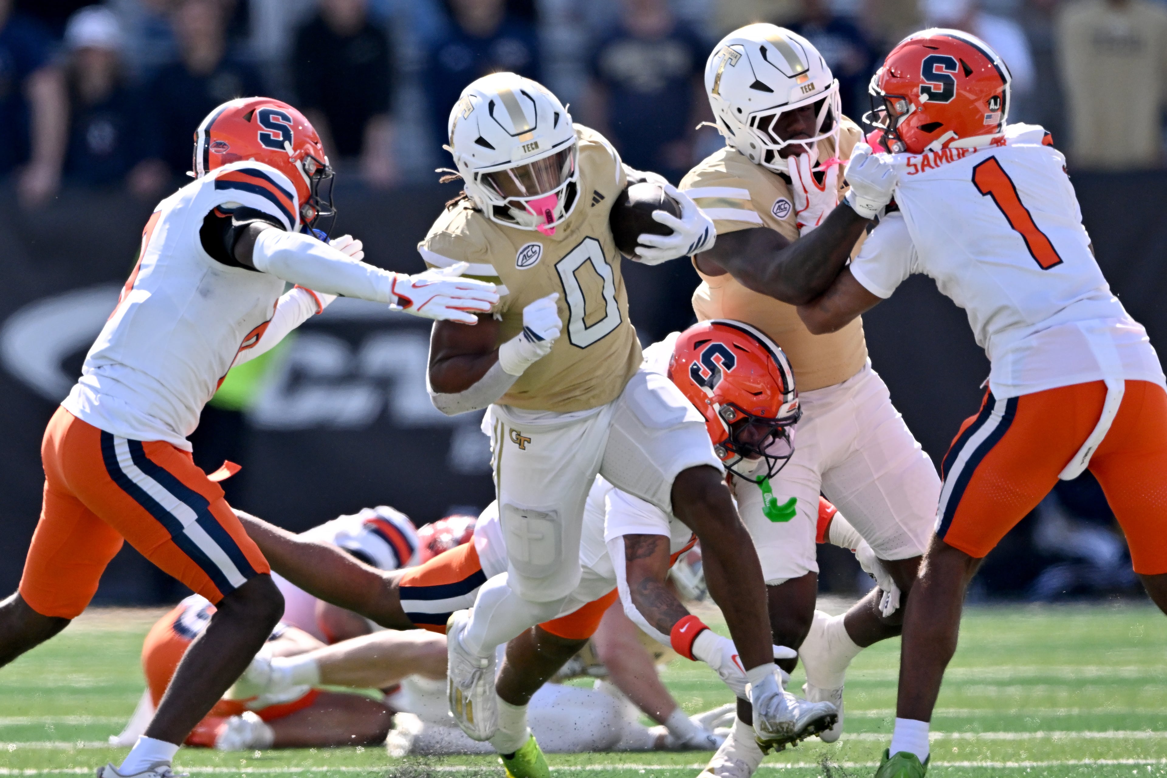 Georgia Tech running back Malachi Hosley (0) runs for a first down during the first half of an NCAA college football game at Bobby Dodd Stadium, Saturday, October 25, 2025 in Atlanta. (Hyosub Shin / AJC)