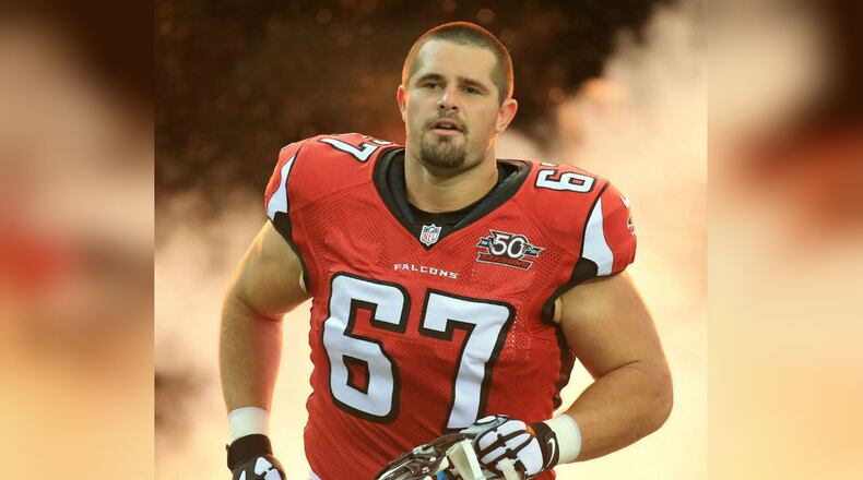 Falcons guard Andy Levitre takes the field to play the Redskins during their football game on Sunday, Oct. 11, 2015, in Atlanta.