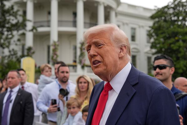 President Donald Trump speaks to reporters during the White House Easter Egg Roll on the South Lawn of the White House, Monday, April 21, 2025, in Washington. (AP Photo/Alex Brandon)