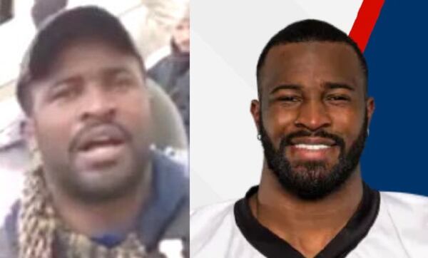 A side-by-side comparison of a photo taken during the Jan. 6, 2021, U.S. Capitol riot (left) and a photo of former pro football player Leander Antwione Williams (right) from an FBI affidavit filed in U.S. District Court in Washington, D.C.