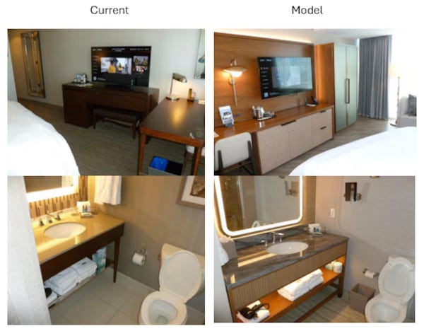 The photos on the left show the current rooms at the Westin Peachtree Plaza hotel in Atlanta, while the right are models to highlight a forthcoming renovation before 2028. (Courtesy of Invest Atlanta)