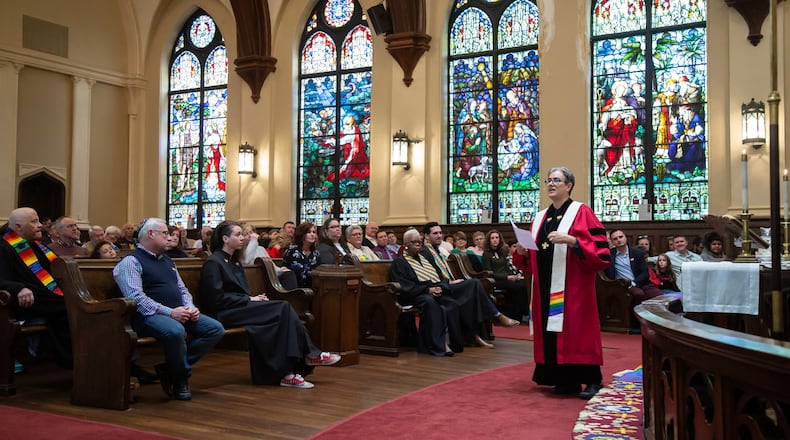 Senior Pastor, the Rev. Beth LaRocca-Pitts talks to her congregation during Sunday morning service at Saint Mark United Methodist Church in Atlanta March 3, 2019. STEVE SCHAEFER / SPECIAL TO THE AJC