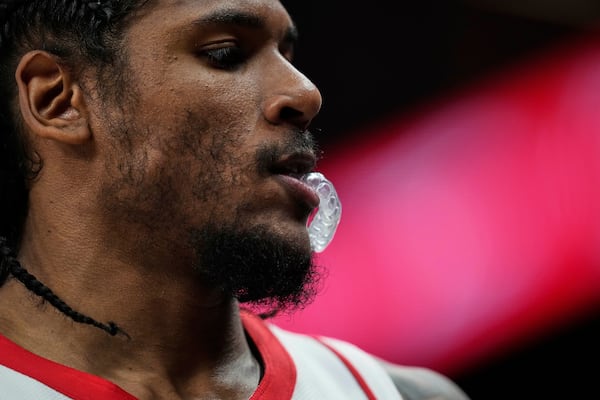 Houston Rockets guard Jalen Green walks to the bench during the first half of Game 4 of an NBA basketball first-round playoff series against the Golden State Warriors, Monday, April 28, 2025, in San Francisco. (AP Photo/Godofredo A. Vásquez)