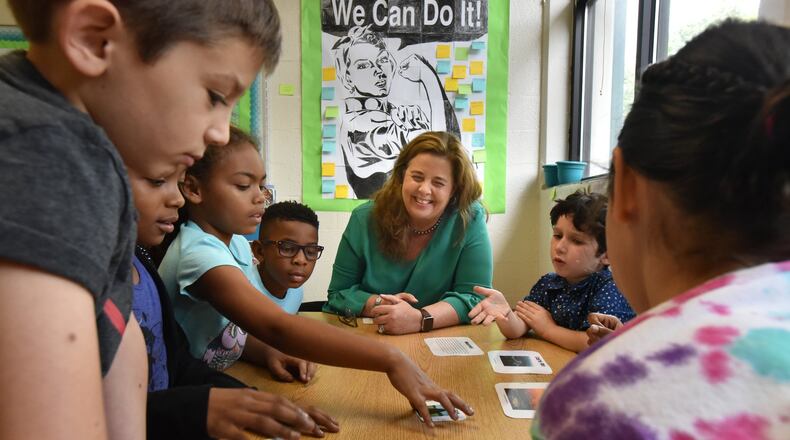 Principal Audrey Sofianos interacts with 3rd graders at Morningside Elementary School on Friday, September 28, 2018. HYOSUB SHIN / HSHIN@AJC.COM